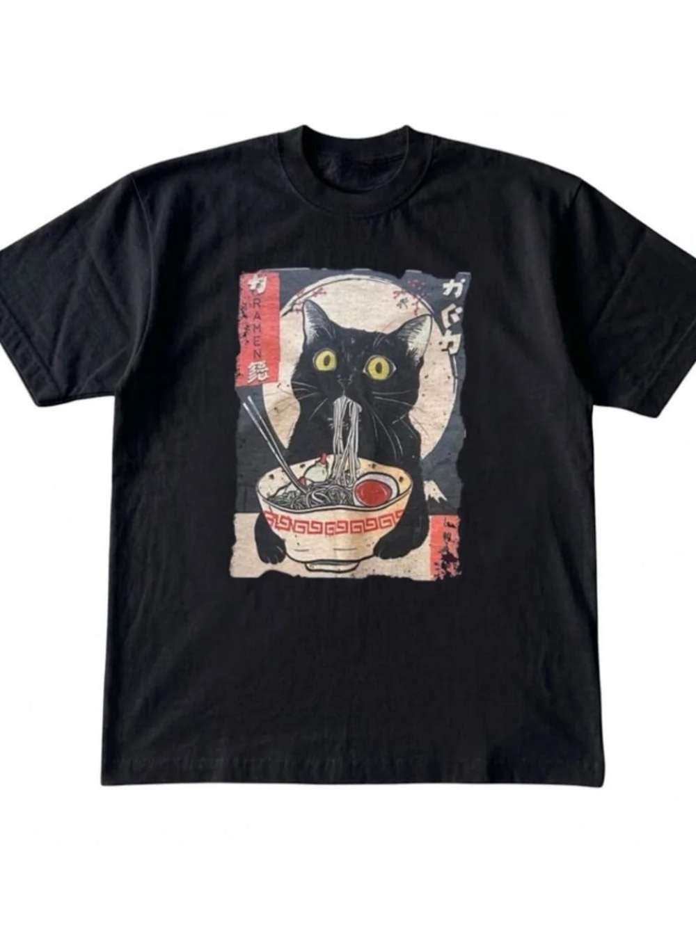 Gildan Black Short Sleeve Tee with Cat Ramen Graphic